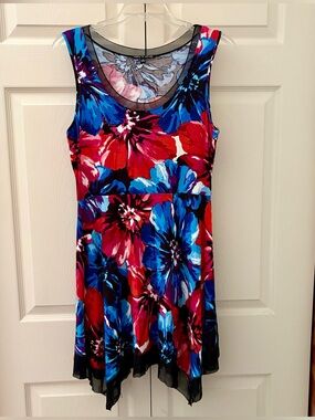 Vibrant Cable & Gauge Floral Mesh-Trim Dress - Blue, Red & Pink Print Size Med